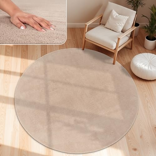 Paco Home Moderner Kuscheliger Wohnzimmer Teppich Kurzflor waschbar flauschig Weich Einfarbig Felloptik zeitlos stilvoll rutschfest pflegeleicht, Grösse:80 cm Rund, Farbe:Beige