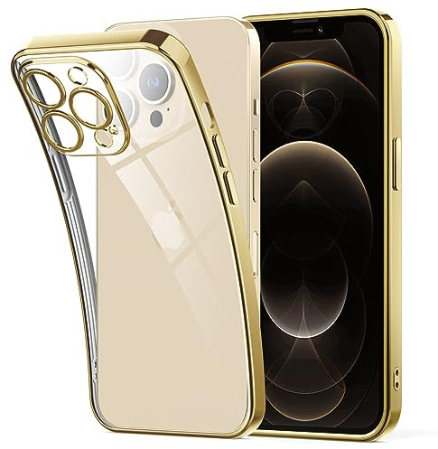 Supdeal Crystal Clear Case for iPhone 12 Pro, [Never Yellow] [Camera Protection], Thin Slim Fit Transparent Soft Silicone Phone Protective Case Cover, 6.1 Inch, Luxury Gold