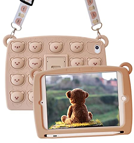 A-BEAUTY Funda para iPad 10,2 Pulgadas 9.ª/8.ª/7.ª Gen, para niños, niñas, niños, Bonito Diseño Divertido, Funda de Silicona con Dibujos Animados Kawaii, con cordón de Soporte, Oso marrón