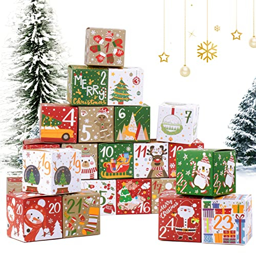 Adventskalender zum Befüllen 24 Stück 7x7x7cm Geschenkschachtel Weihnachtskalender zum selber Basteln Papierschachtel Geschenkboxen für Weihnachten Geschenk Kinder usw.
