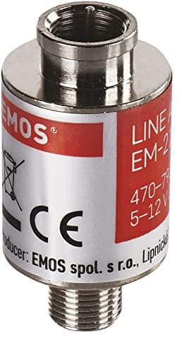 EMOS Amplificatore satellitare Inline 20 dB (gamma di frequenza 470-790 MHz) per DVB-T2, TV via cavo o antenne J5709 argento, 2 x 4,2 cm