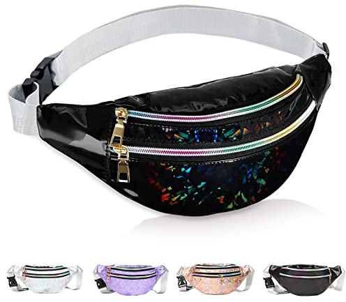 Bauchtasche Damen Metallic, wasserdichte Bauchtasche Mode mit Reflektierender Verstellbarer, Hüfttasche Mädchen für Frauen und Männer Party Festival Sport Outdoor Reisen Schwarz