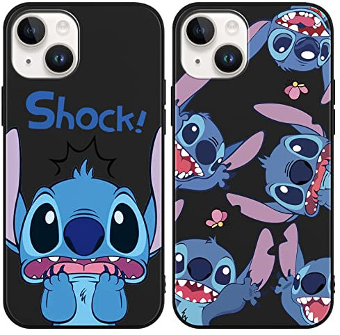 Omyzo [2 pieces Case Compatible with iPhone 14 Plus 6,7 Stitch Case,Soft TPU Silicone Shockproof Cover Cute Cartoon Kawaii Character Design for Kids Women Boys Girls Protective Phone Cover Black