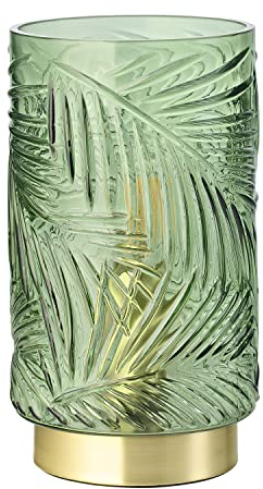 Modern Palm Tree Emerald Forest Green Glass Floral Table Lamp with Brushed Satin Brass Base | 1 x E14 60w Maximum | 22cm x 12cm | Clear Inline Switch by Happy Homewares