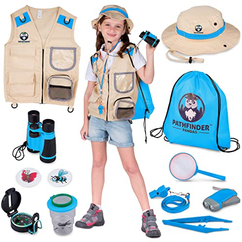 Kit Exploration Enfant avec Gilet Safari et Chapeau, Jumelles, Boussole Enfant, Loupe Enfant, Boite Loupe Insecte - Cadeau pour Les Garçons et Les Filles âgés de 3 à 12 Ans (Bleue, 7+)