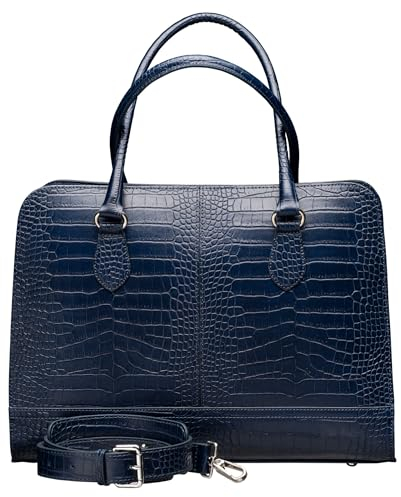 Su.B Laptoptasche 15,6 Zoll für Damen, Umhängetasche aus Kroko-Print Leder mit Schulterriemen und Kofferband, Hergestellt in Italien - Blau