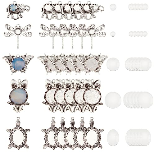 PH PandaHall 30 Stück 5 Stile Tier Foto Charms, Leere Lünette Eulen Anhänger Tabletts Elefant Schmetterling Libelle Anhänger Tabletts Cabochon Lünette Fassungen für DIY Hochzeits Graduierung Charme