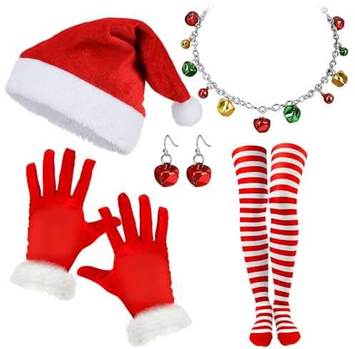 HOWAF Weihnachtsmann Kostüm Damen, Weihnachtsmütze Weihnachtsmann Mütze Nikolausmütze Erwachsene Handschuhe Weihnachts Halskette Ohrringe Weihnachtsstrümpfe Weihnachtskostüm Karneval Fasching Kostüm