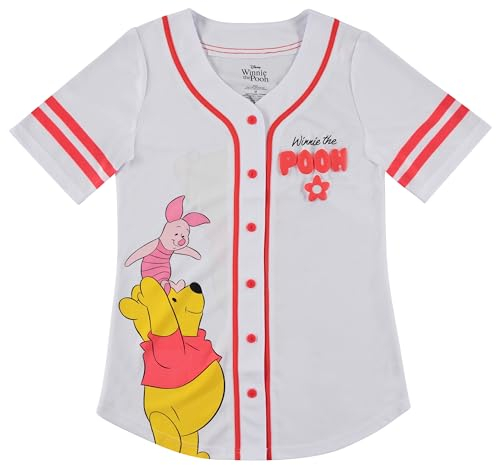 Disney Damen Pooh Baseballtrikot – Vintage Winnie Puuh Mesh Button Down Baseball Jersey – Winnie, I-Aah, Ferkel Trikot, Weiss/opulenter Garten, Klein