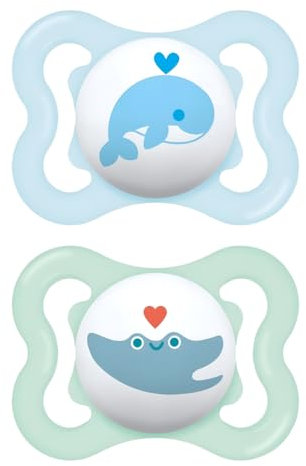 MAM Air Succhietto 2-6 Mesi (Set da 2), Ciuccio MAM 2-6 mesi per pelli sensibili e delicate, Kit da 2 accessori neonato con tettarella in silicone e porta ciuccio sterilizzatore, Azzurro/Verde