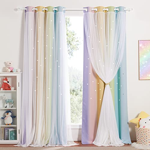 NICETOWN Vorhang Kinderzimmer Mädchen Verdunkelungsvorhang Dekoration Sterne Gardinen Doppellagige mit Voile Ösenschal 2er Set H 300 x B 132 cm, Regenbogen-2