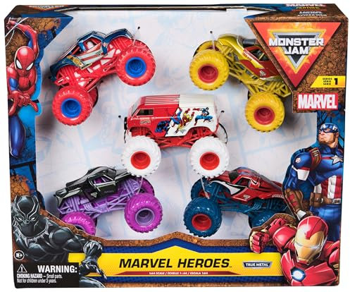 Monster Jam - 5 Véhicules Die-Cast 1:64 Marvel - 5 Véhicules Authentiques Monster Trucks Officiels À Collectionner Echelle 1:64 - Jouet Enfant 3 Ans et +