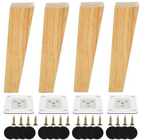 VIDETOL 4 Stück Möbelfüße Holz Platz, Schräg Holzfüße 20 cm mit Montageplatten, Gummipads und Schrauben, Tischbeine Holz für Möbel, Bett, Sofa