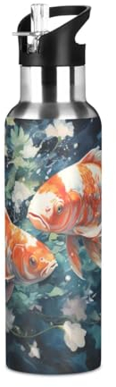 Linnyio Aquarelle Poisson Gourde Sport Étanche,Sans BPA,Bouteille D'Eau Isolée Sport Tasse À Vide en Acier Inoxydable,1000ml/600ml