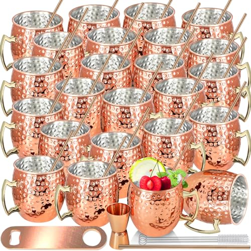 Moscow Mule Tassen-Set, 24 Stück, Moscow Mule, Kupferbecher, 540 ml, große Kupfer-gehämmerte Beschichtung, Becher mit Griff, 1 Doppel-Messbecher, 24 Edelstahl-Trinkhalme für kalte gekühlte Getränke