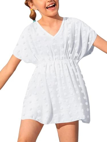 Haloumoning Girls Swimwear Cover Ups Kids Beach Coverups Bikini Swimsuit Cover Up Cute Beach Dress, White, 10-12 Years