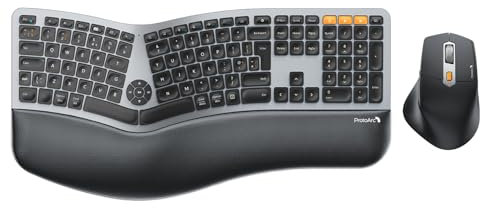 ProtoArc Ergonomic Wireless Keyboard Mouse, EKM01 Plus Full Size Ergo Bluetooth Keyboard Mouse Combo, Split Design, Wrist Rest, Multi-Device, Rechargeable, for Windows/Mac OS