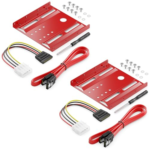 deleyCON 2X Marco de Montaje para Discos Duros de 2,5 SSD a 3,5 Adaptador Marco Desmontable Soporte de Montaje Rieles Incl. Tornillos Adaptador de Corriente Cable SATA y Destornillador - Rojo