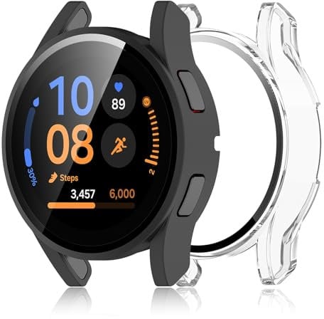 Haofun 2 Pezzi Cover per Samsung Galaxy Watch FE/5/4 40mm, con 9H HD Ultra Vetro Temperato Pellicola Protettiva, PC Protettiva Custodia, Protezione Completa - Trasparente + Nero