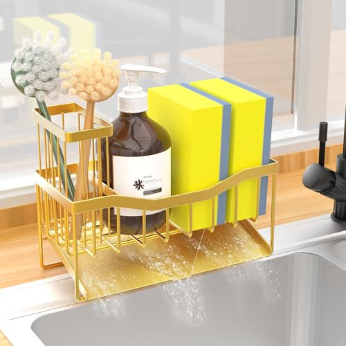 Fssvcd Modern Gold Kitchen Sink Caddy with 3 Compartments, Rust Resistant, Skid Resistance, 8.00 x 3.60 x 5.50