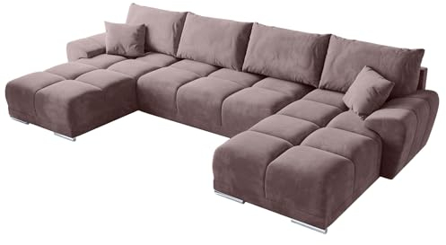 BROMARKT Ecksofa mit Schlaffunktion und Bettkasten 372x184x85 cm Sofa Eckcouch Wohnlandschaft U Form Couch Bettsofa siebensitzer Schlafsofa NUBES U Puderrosa