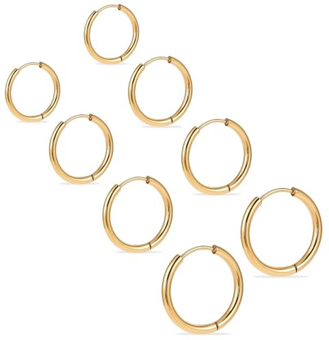 Small Hoop Earrings Set, 8 Pcs Surgical Steel Hoop Earrings, 10/12/14/16mm Gold Hoops Earring for Men Women Boys Girls(Gold)