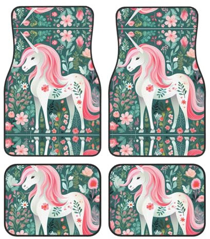 BROLEO Automatten Einhorn mit rosa Haaren, 4 Stück, für alle Autos, leicht zu reinigen, rutschfest, verschönert den Innenraum, schützt Autos