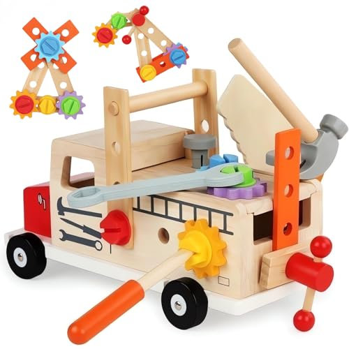 ZCYLPT Wooden Kids Tool Set,Portable Wooden Truck Kids Tool Box,Montessori Toys for 2-4 years old,Role Play Educational Construction Toddler Toys,Boy Girl