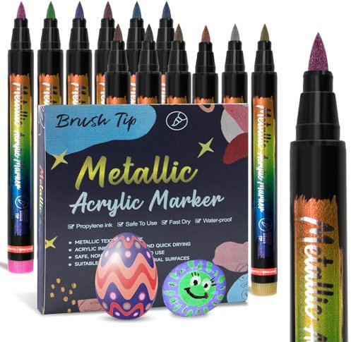 Metallic Pens Acrylic Paint Markers : 12 Colours Acrylic Pens for Rock Painting, Black Paper Scrapbook Accessories, Christmas Gifts, Ceramic, Glass, Waterproof Paint DIY Art Crafts, Brush Tip 