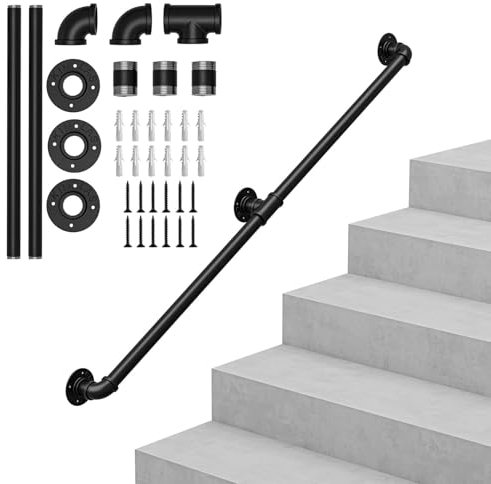 OUNUO Handlauf Treppengeländer Geländer Wandhandlauf Wandhalterung Innen & Außen, Rund Ø32mm, für Treppen Brüstung Balkon, Schwarz, 150cm