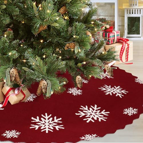 Betylifoy Weihnachtsbaum Decke 122cm, Weihnachtsbaumrock Gestrickter Rot Baumrock Schneeflocken Stricken Rustikale Weihnachtsdecke Weihnachtsdekor Weihnachtsferienhaus Partydekorationen (L-122CM)
