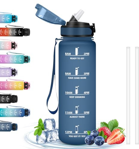 Gourde 1l, Gourde Sport Anti-Fuite, Gourde avec Paille pour Randonnée, Gourde Motivation avec Marqueur de Temps, Gourde Adulte, Facile à Transporter, pour Extérieur, Vélo, Camping, Aptitude, Navibleu