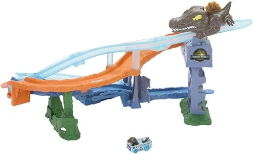Hot Wheels Spielzeugauto Trackset, RacerVerse Jurassic World Crash & Splash Spielset mit Die-Cast Velociraptor-Fahrzeug, Dinosaurier-Rennen mit Spinosaurus, JFP32