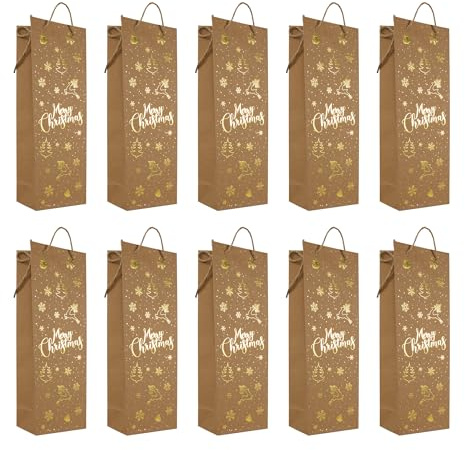Idena Flaschentaschen Merry Christmas, 10 Stück | 12 x 36 cm, braune Papiertüten mit goldenen Motiven für Weihnachten, Geschenktüten, 90919