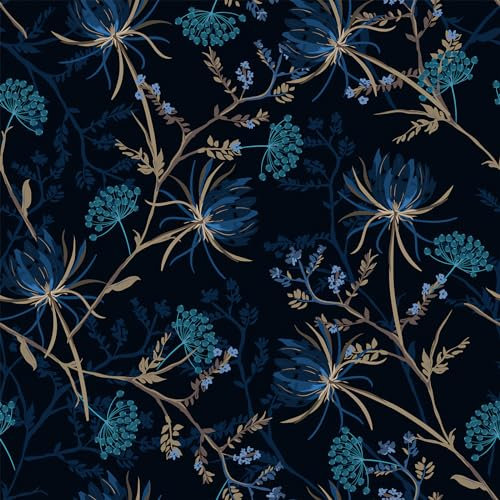 VEELIKE Papier Peint Fleuri Pissenlit Bleu 44,5 cm x 900 cm Papier Peint Adhesif Mural Chambre Floral Noir Rouleau Adhesif Decoratif Salle de Bain Rouleau Adhesif pour Meuble Salon Décoration Cuisine