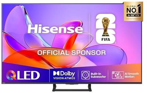 Hisense TV 55 QLED 4K 2025 55A72Q, Smart TV VIDAA U8, Dolby Vision, HDR 10+, Game Mode Plus, Dolby Atmos 2.1 con Subwoofer, Alexa Built-in, VIDAA Voice, Tuner DVB-T2/S2 HEVC 10, lativù 4K, 55''
