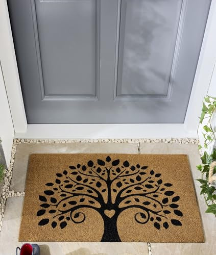 Coir Door Mat for Doorway, Home Entry, Balcony, Garden, Dirt Trapper Entrance Indoor Outdoor Non-Slip Absorbent Welcome Mat Natural Doormat in 45 x 75 cm (Tree Of Life)