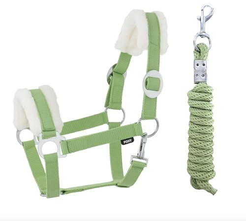 JA Horse JA4003 Comfort Halfter Set Karabinerhaken, Grün, Cob | Comfort Pferdehalfter mit Kunstfell Führstrick Set, verstellbar mit Karabinerhaken für Pferd Holzpferd