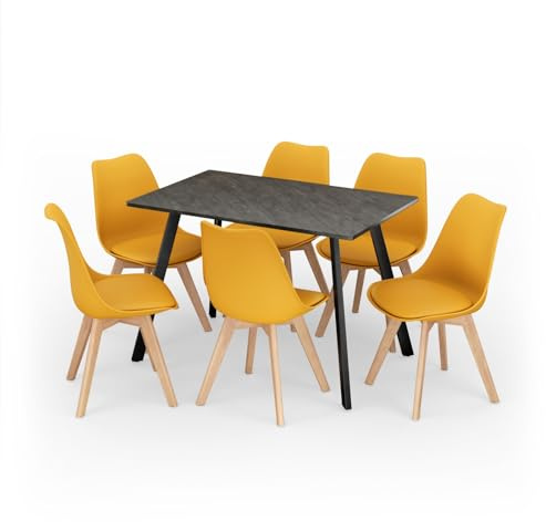 URBNLIVING 110cm Dining Table with 6 Tulip Chairs - Modern Kitchen & Dining Room Furniture Set, Padded Ergonomic Seats, Multiple Table Finishes & Chair Colours, Durable Steel Legs, Easy-Clean Design
