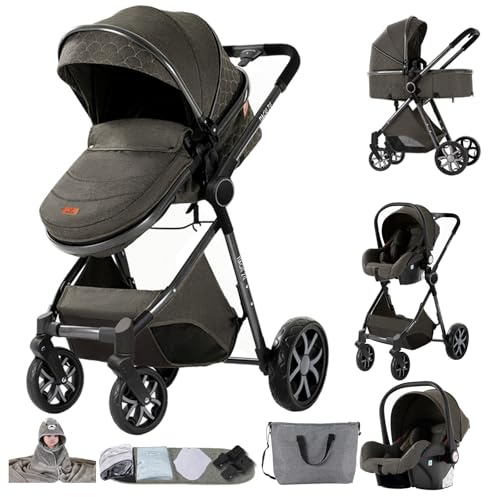 Aveainelle Kinderwagen 3 in 1, Babywagen, Baby Stroller | Einklappbar per Knopfdruck, verstellbarer Sitz, in beide Richtungen schiebbar, Fünfpunktgurt, von Neugeborenen bis 4 Jahre