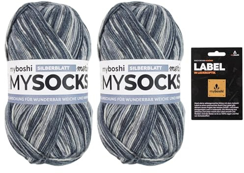 myboshi mysocks Merino, extra weiche 4-fädige Merino-Sockenwolle, filzfrei, strapazierfähig, 100g, 420m, inkl. Label, 75% Schurwolle, 25% Polyamid, Grau (Silberblatt) 2 Knäuel