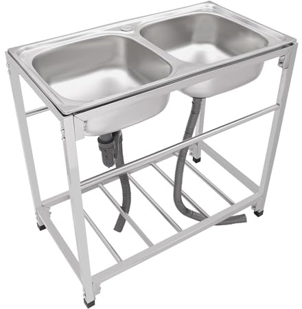 Mqwdxzfes Gastrospüle Edelstahl Spültisch, Doppelbecken Spülbecken mit Ablage und Geräuschreduzierung, Stabile Freistehende Küchenspüle, Arbeitstisch Spüle für Restaurant Bar Küchen, 83x44x77cm