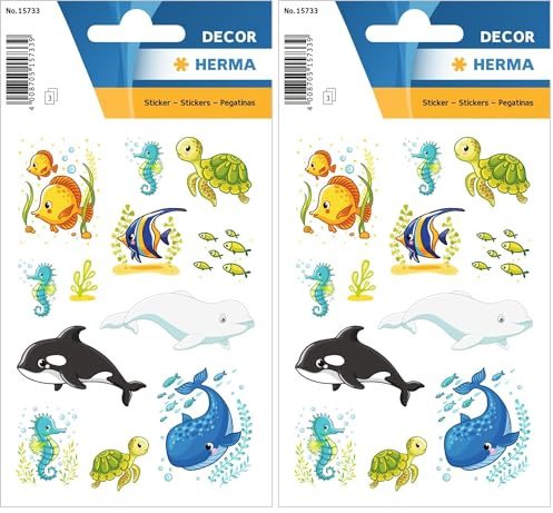 HERMA 15733 Aufkleber Meerestiere klein, 36 Stück, Tiere Sticker mit Seepferdchen Fisch Blauwal Schildkröte Orca Motiv, Kinder Etiketten für Fotoalbum Tagebuch Scrapbooking Geburtstag Deko DIY Basteln