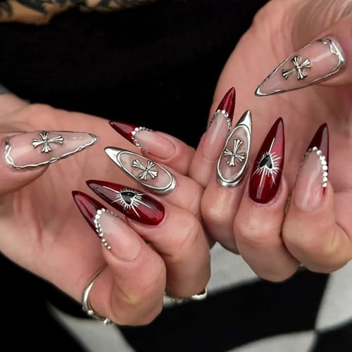 24PCS Premium Gothic Stiletto Press On Nails - Long Almond French Tip in Deep Red Glossy Finish with Silver Cross Charm & Rhinestone Detail for Party, Concert, Cosplay and Evening Events