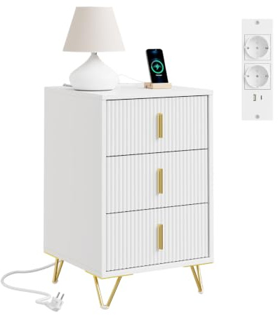 SoBuy Nachttisch mit Ladefunktion und 3 schubladen, 40x40x63,5cm | Nachtschrank Beistelltisch mit 2 Steckdosen & USB + Type-C für Schlafzimmer & Wohnzimmer, weiss, FBT115-L-E-W