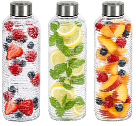 3er-Set Wasserflasche, Trinkflasche, Glasflasche für 1 Liter – geriffelt | transparente Karaffe – Retro & Vintage-Stil – luftdichter Schraubverschluss, auslaufsicher – Umweltfreundlich – Seaside No.64