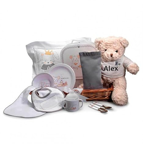 Canastilla Bebé Mi Primera Vajilla Plena- Regalo Unisex que incluye vajilla completa de melamina, Babero, Cojín y Funda de Biberón - Ideal como regalo para Bebés