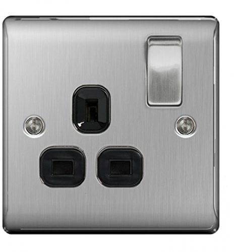 BG-Nexus-Metal Single 13A Plug Socket,Brushed Steel Finish,Black Inserts