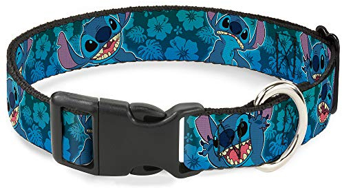 Buckle-Down Plastic Clip Collar - Stitch Expressions/Hibiscus Collage Green-Blue Fade - 1 Wide - Fits 15-26 Neck - Large