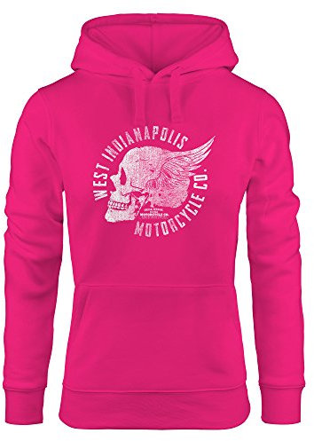 Neverless Cooler Damen Hoodie mit Totenkopf Flügel, Motorrad Biker Skull Wings Vintage, Sweatshirt Kapuze Kapuzenpullover pink L